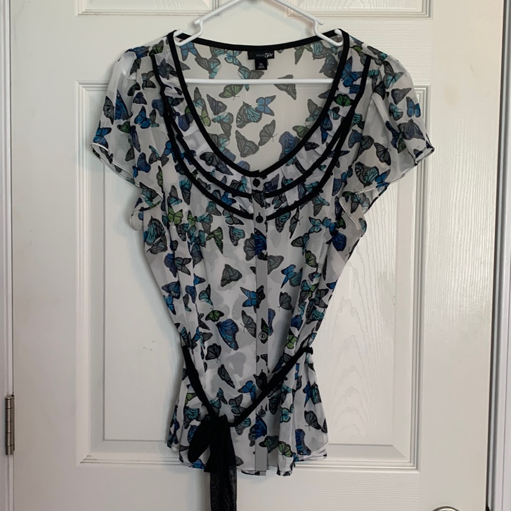 Pretty Butterflies East 5th Ruffled Button Front Blue Sheer blouse XL Tie waist